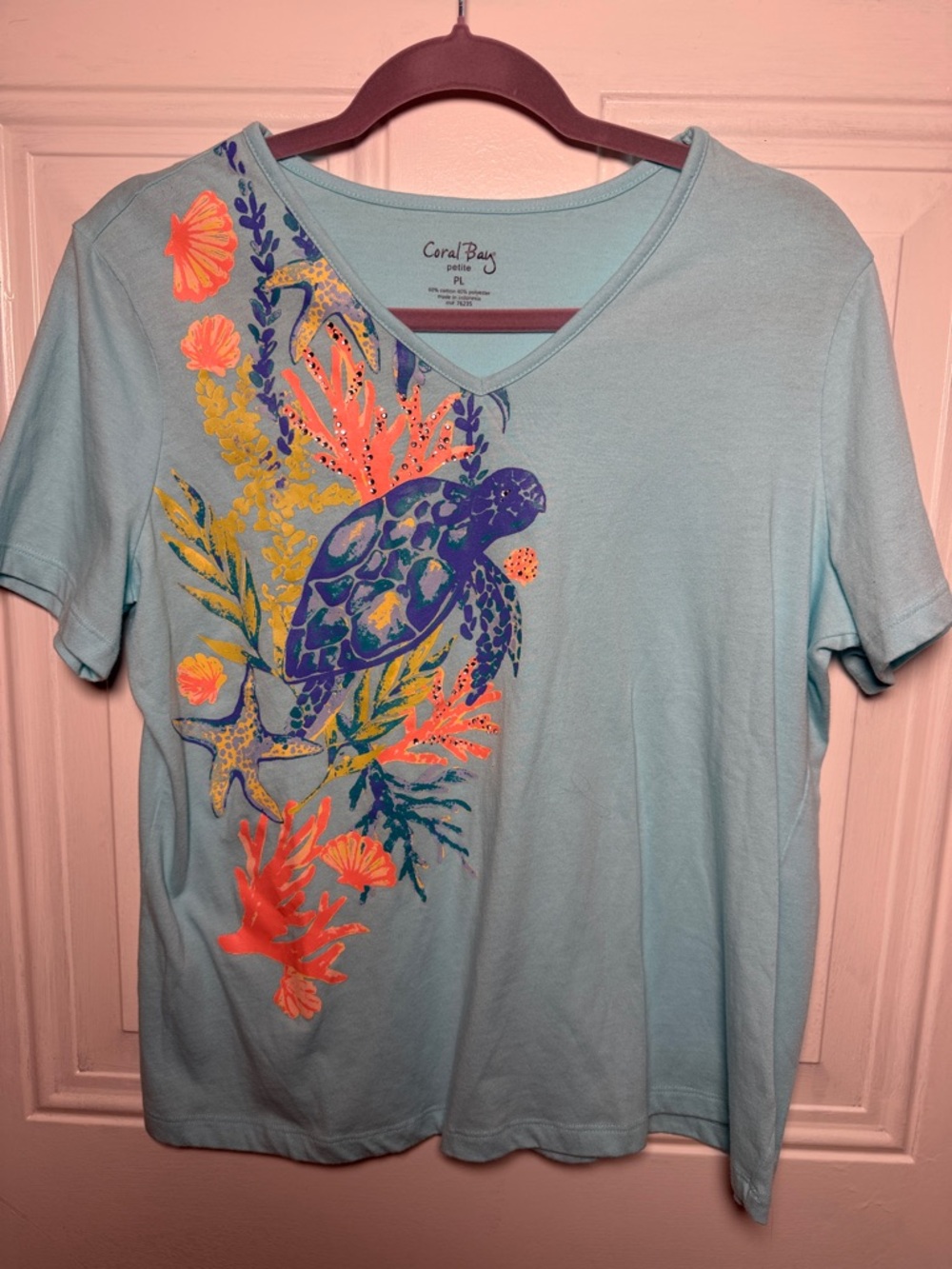 Coral Bay Light Aqua Sea Turtle V-Neck Tee with Neon Coral Accents
